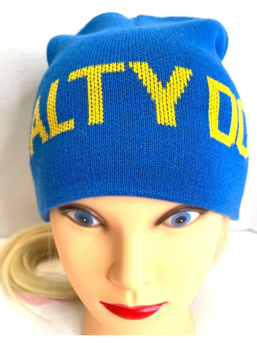 Beanie Hat Acrylic Blue Knit Winter Ski Sled Cap Salty Dog Pup Puppy Paw Yellow